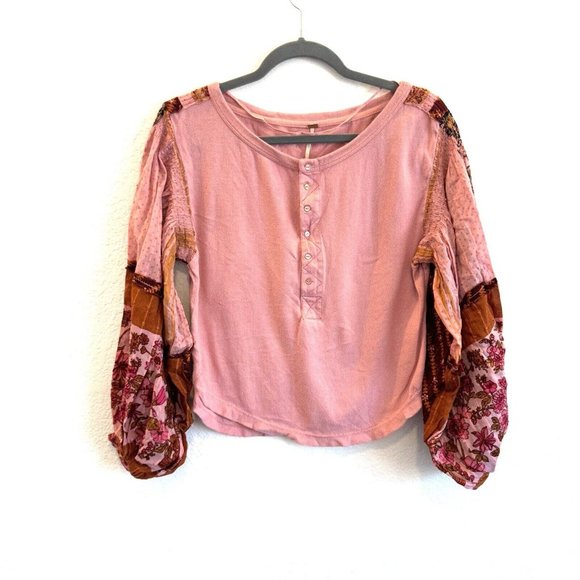 Free People Tops - Free People Light Magic Henley Quilt Floral Patchwork Pink Puffy Sleeves Size XS